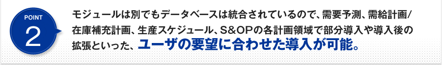 POINT2&nbsp;モジュールは別でもデータベースは統合されているので、需要予測、需給計画/在庫補充計画、生産スケジュール、S&OPの各計画領域で部分導入や導入後の拡張といった、ユーザの要望に合わせた導入が可能。